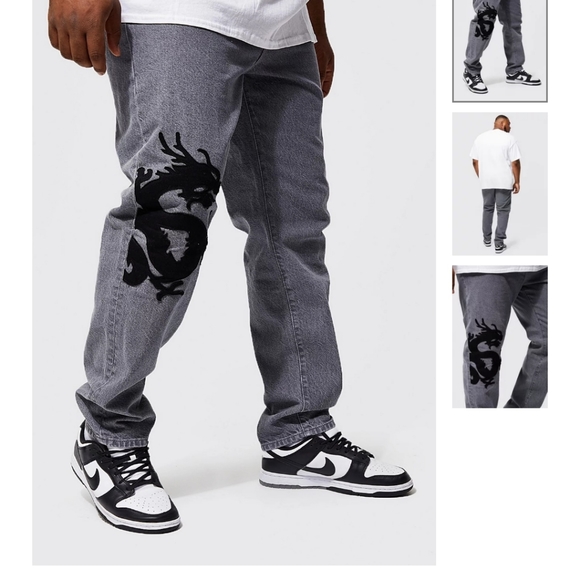 Boohoo Other - Boohoo Man 💙 NWT Skinny Rigid Dragon Appliqué Gray Jean Streetwear Plus 46 X32"